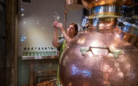 Frau prüft mit einem Glas die Qualität des Destillats. Dies ist ein Schritt, wie wird Gin hergestellt, in einer Kupferbrennerei.