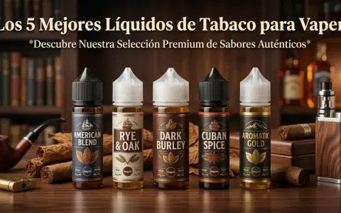 Cinco botellas de eliquid con sabores a tabaco: American Blend, Rye & Oak, Dark Burley, Cuban Spice y Aromatic Gold.