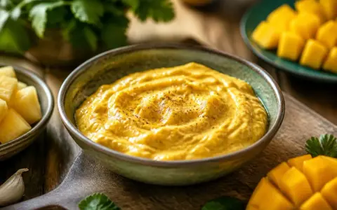 Cremiger, goldgelber Mango Curry Dip mit Pfeffer bestreut, daneben frische Mangostücke, Koriander und Knoblauch.