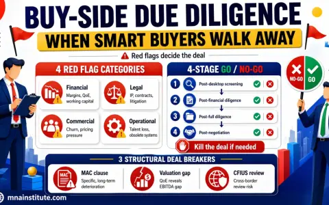 Buy-side due diligence checklist: 4 red flag categories, 4-stage go/no-go process, and 3 structural deal breakers.