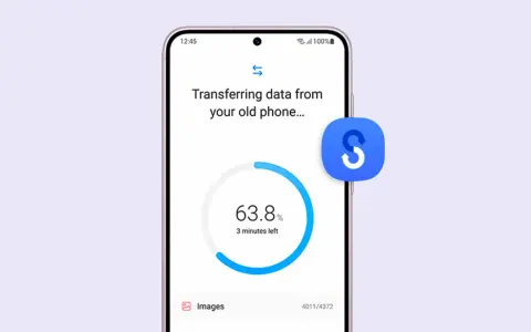 Telefonen överför appar och data från en gammal enhet. 63,8% klart, 3 minuter kvar.