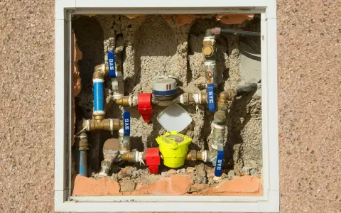 Instalacja wodna z pionowym montażem wodomierza, zaworami i rurami w ścianie.