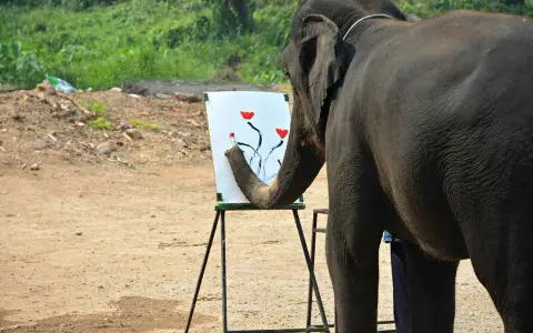 En elefant målar blommor på en duk med sin snabel.