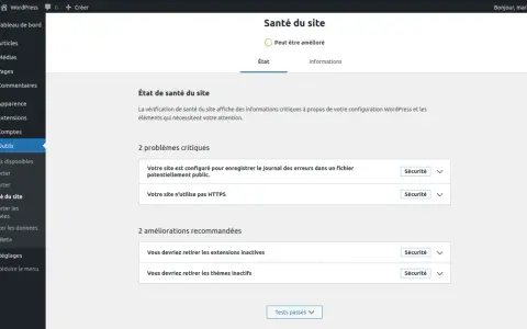 Tableau de bord WordPress : état de santé du site, avec 2 problèmes critiques et 2 améliorations pour la création de votre site web santé.