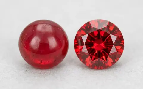 Due pietre rosse brillanti, una liscia e sferica, l'altra sfaccettata e scintillante: il minerale del rubino in due forme.