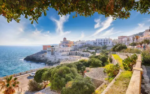 Panoramica di un borgo costiero con edifici bianchi e colorati, mare blu e vegetazione mediterranea. Ecco cosa vedere a La Maddalena, un gioiello pugliese.