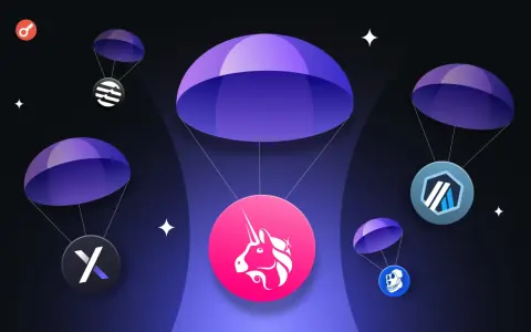 Co to jest airdrop kryptowaluty? Ilustracja pokazuje kilka tokenów kryptowalutowych spadających na spadochronach, symbolizując darmowe rozdawanie cyfrowych aktywów.