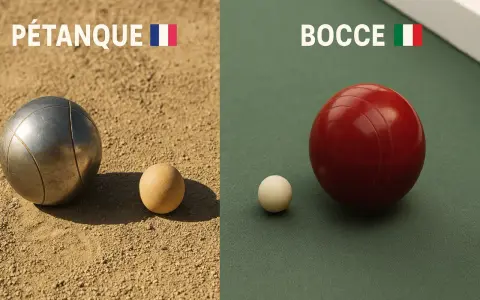 Comparaison visuelle entre les boules de pétanque françaises et les boules de bocce italiennes, montrant leurs différences de taille et de matière.