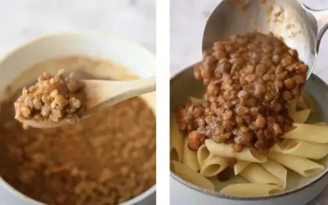 Un cucchiaio mostra un saporito ragù di lenticchie. A destra, il ragù viene versato su penne.