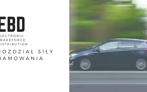 EBD - elektroniczny rozdział siły hamowania. Ciemny samochód w ruchu, zamazane tło.