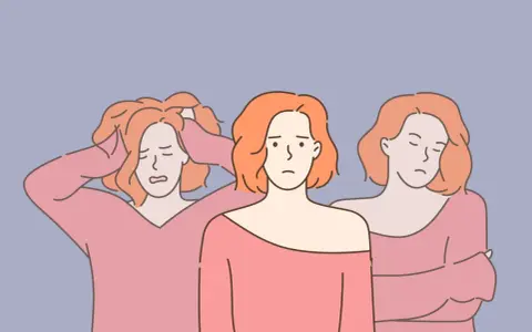 Trzy kobiety z pomarańczowymi włosami, wyrażające różne stany emocjonalne, symbolizujące zaburzenia dysocjacyjne.