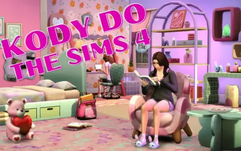 Kody do The Sims 4. Dziewczyna czyta książkę w różowym pokoju, obok łóżko i pluszowy miś.