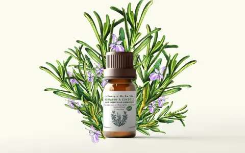 Flacon d'huile essentielle de romarin à cinéole, entouré de ses branches fleuries. Découvrez les romarin à cinéole bienfaits pour la santé.