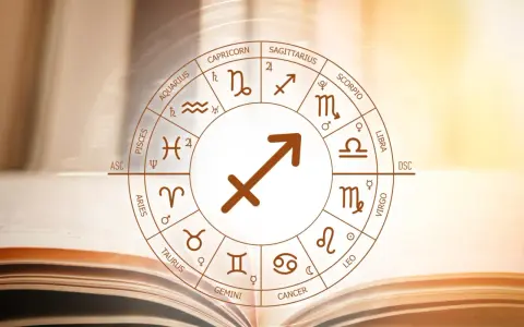Koło zodiaku z symbolem Strzelca w centrum, otoczone znakami i nazwami zodiaku. Symbolika astrologiczna, jakby z księgi wiedzy, nawiązuje do numerologicznego 5 roku.