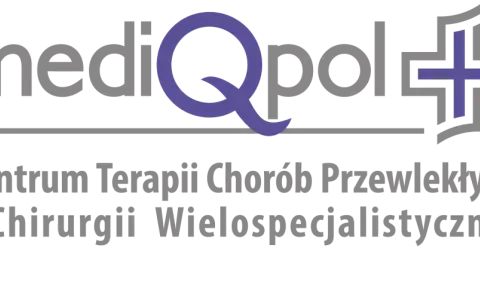 Logo "mediQpol" z symbolem krzyża i napisem "Centrum Terapii Chorób Przewlekłych i Chirurgii Wielo specja listycznej".