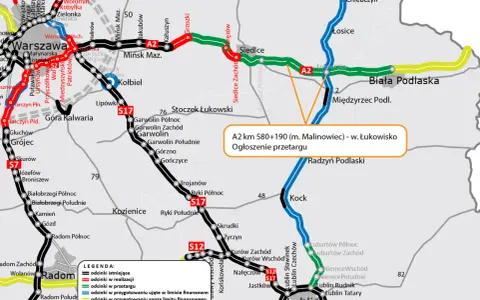 Mapa drogowa z zaznaczonymi autostradami A2, S7, S12, S17 i S2 oraz informacją o przetargu na odcinek A2.