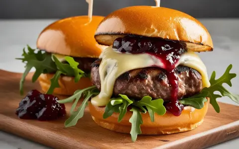 Dwa soczyste burgery wołowe z serem, konfiturą i rukolą na desce.
