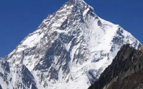 K2, najwyższy szczyt Karakorum, majestatycznie wznosi się na tle błękitnego nieba.