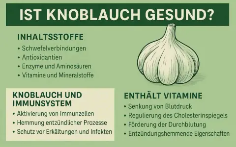 Knoblauch ist gesund! Die Grafik zeigt, dass er Schwefelverbindungen, Antioxidantien, Enzyme, Aminosäuren, Vitamine und Mineralstoffe enthält. Er stärkt das Immunsystem und fördert die Durchblutung.