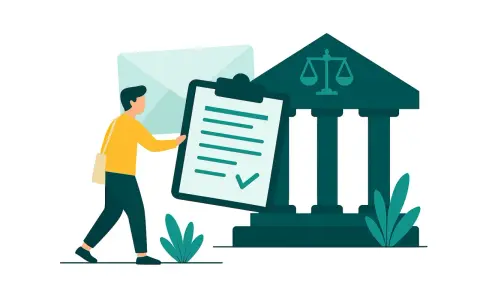 Mężczyzna z dokumentem przy sądzie pracy. Ilustracja pokazuje, jak napisać pozew do sądu pracy, z ikoną wagi sprawiedliwości.