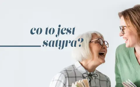 Dwie kobiety w okularach śmieją się, trzymając książki. Tekst: "co to jest satyra?".