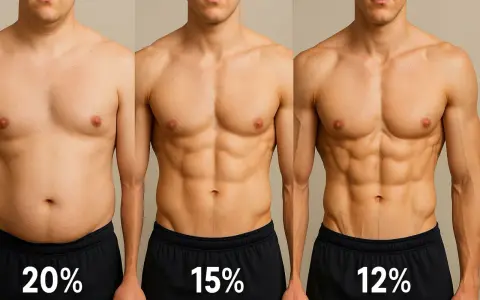 Trois hommes montrent leur progression : 20%, 15% et 12% de masse grasse. La musculation sèche et une alimentation contrôlée, incluant les glucides, transforment le corps.