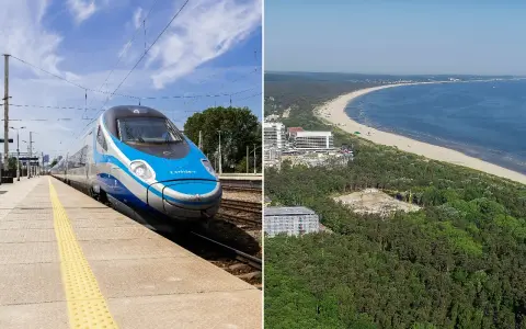 Szybki pociąg Pendolino na stacji i widok na plażę z mewą w tle.