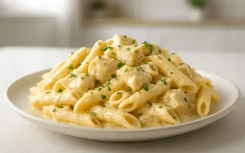 Penne z kremowym sosem serowym i posiekaną natką pietruszki, danie idealne na szybki obiad.