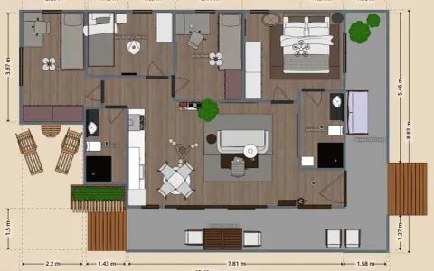 Plano de casas de dos plantas sencillas con terraza. Incluye habitaciones, sala de estar, baño y cocina.
