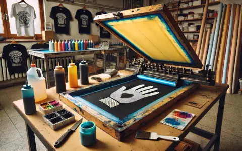 Taller de serigrafía que es: máquina con pantalla para estampar mano en camiseta, tintas y camisetas colgadas.