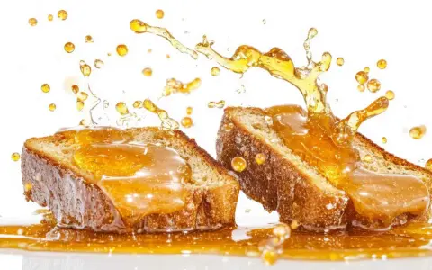 Dos rebanadas de pan cubiertas de miel dorada, con salpicaduras y gotas cayendo. Una deliciosa torrija caramelizada en acción.