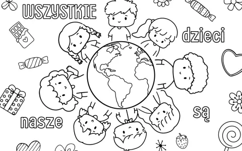 Dzień dziecka kolorowanka: dzieci z całego świata, otaczające Ziemię, z prezentami i słodyczami.