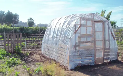 Un invernadero casero con palets protege cultivos. Su estructura de madera y plástico transparente crea un microclima ideal.
