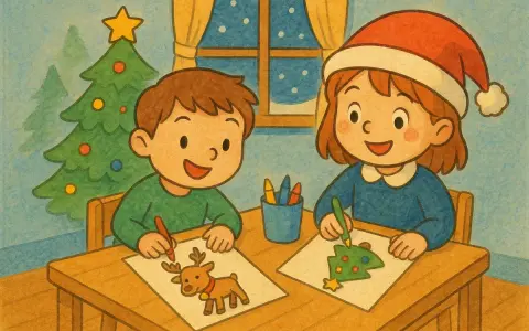 Två barn sitter vid ett bord och ritar julmotiv. Flickan med tomteluva ritar en julgran, pojken ritar en ren. En julgran står i bakgrunden. Det är en del av 365 rita jul.