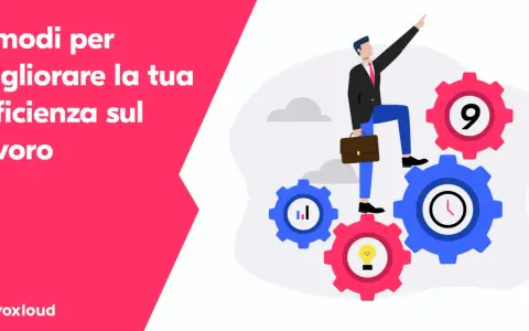 Uomo d'affari sale su ingranaggi, simbolo di un percorso efficiente ed efficace verso il successo lavorativo.