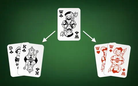 Ilustracja pokazuje, jak grać w karty. Król i Dama kierów po lewej, Król karo i Król pik po prawej, a w środku Król trefl.