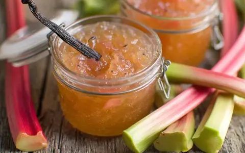 Confiture de rhubarbe maison, avec une gousse de vanille, sur un fond de tiges de rhubarbe fraîches.