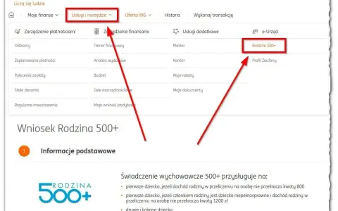 Wniosek Rodzina 500+ w ING. Kliknij "Usługi i narzędzia", a następnie "Rodzina 500+" by złożyć wniosek.