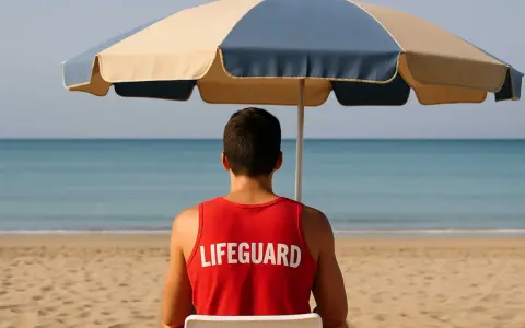 Giovane bagnino sorveglia la spiaggia, un'idea per lavori estivi per minorenni.