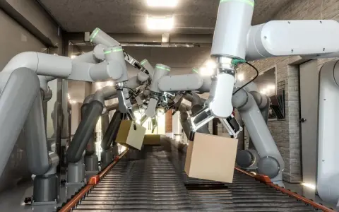 Wiele ramion robotów współpracujących chwyta kartony na linii produkcyjnej.