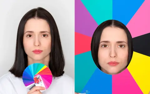 Kobieta z paletą kolorów i twarz w okręgu na tle kolorowych geometrycznych kształtów.