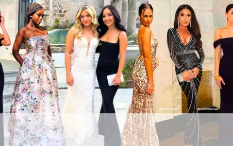 Seven women in elegant gowns, showcasing diverse styles for a black tie wedding dress code.