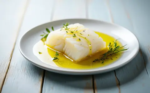 Delicioso bacalao confitado en aceite de oliva, adornado con hierbas frescas.