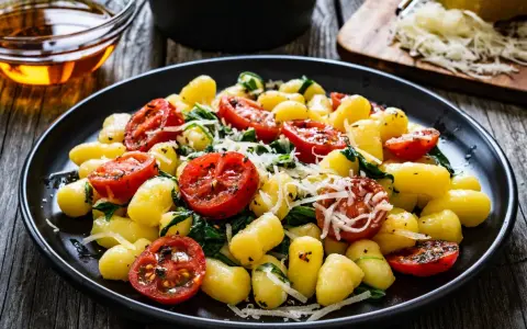 Gnocchi ze szpinakiem i pomidorkami koktajlowymi, posypane parmezanem, na czarnym talerzu.