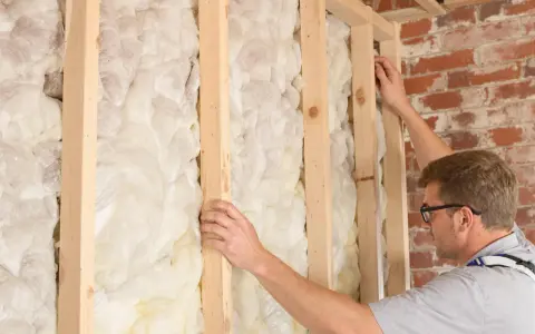 Un ouvrier installe une isolation polystyrène dans une structure en bois.