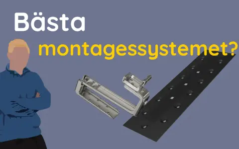 En man funderar på det bästa montagesystemet. En metallkrok och en svart skena syns.