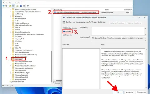 Windows 11 Recall deaktivieren: Richtlinie "Speichern von Momentaufnahmen für Windows deaktivieren" aktivieren.