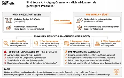 Was ist Anti-Aging-Creme? Die Grafik erklärt, dass Wirkstoffe, Konzentration und Hautverträglichkeit zählen, nicht der Preis.