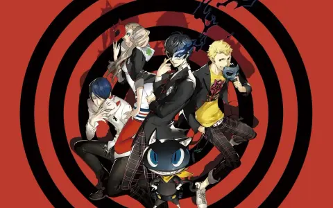 Postacie z gry Persona 5, która jest przykładem gatunku jrpg co to, pozują na tle czerwono-czarnych kręgów.