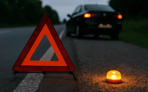 Triángulos de preseñalización y una baliza naranja iluminan la carretera oscura junto a un coche averiado.